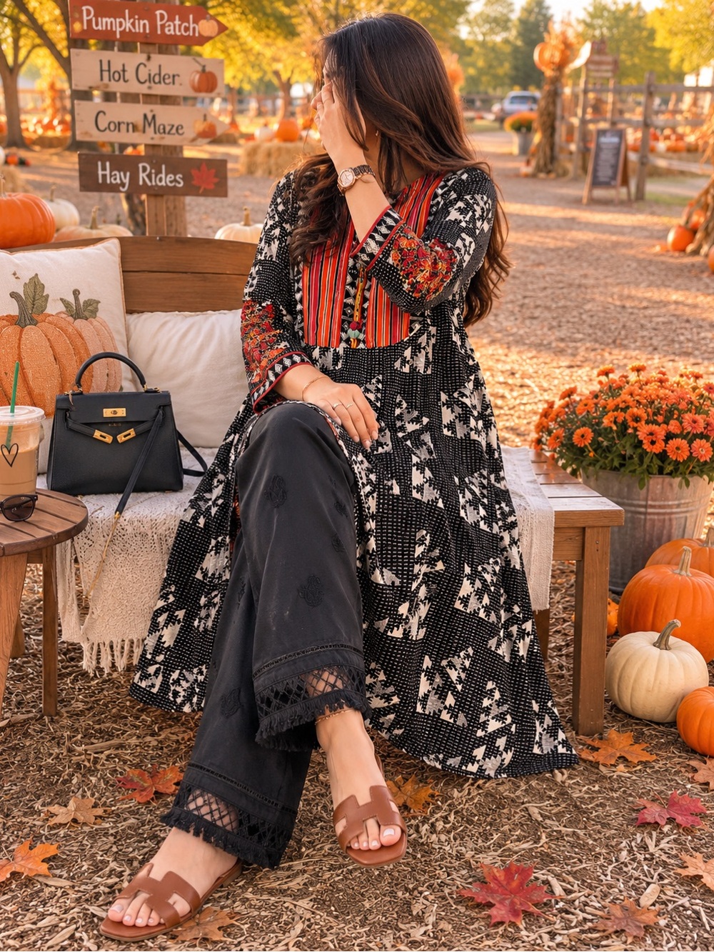 Black Wide-Leg Embroidered Pants with Lace Trim - Casual Elegant